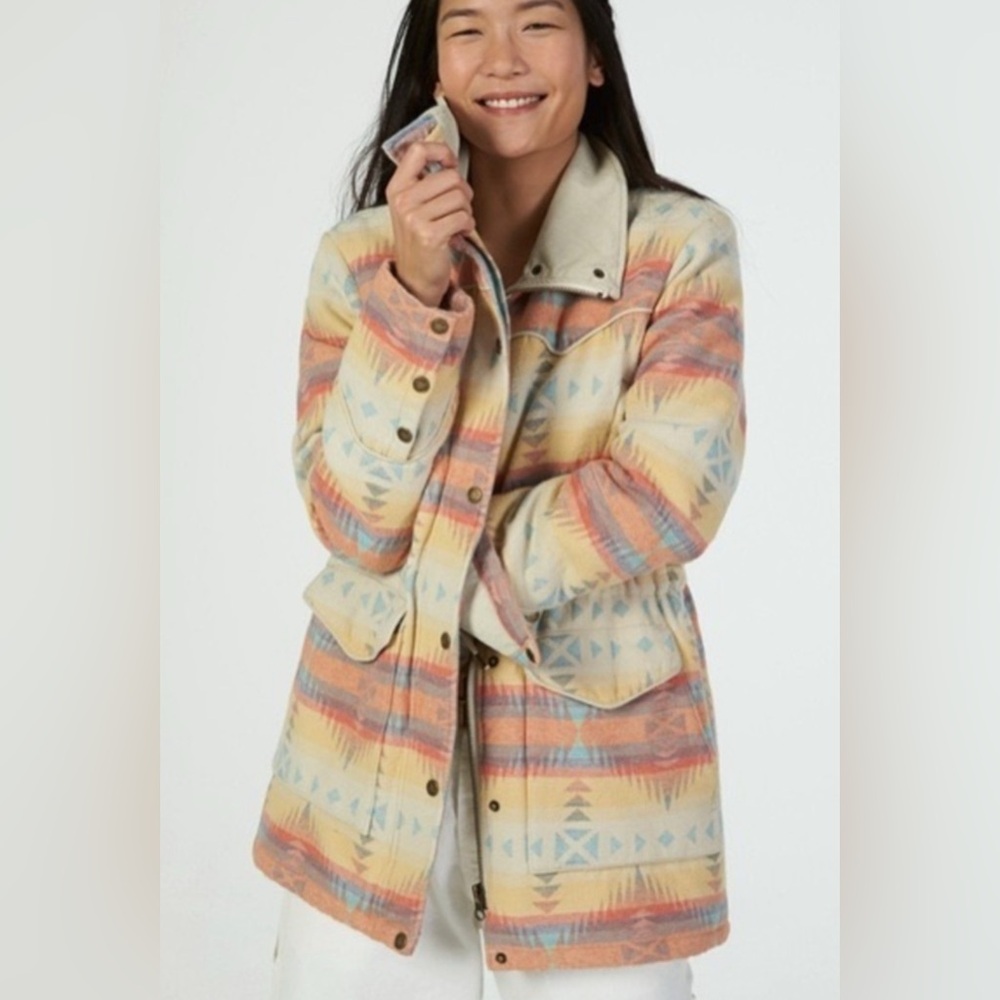 Faherty Pastel Aztec-Print Coat in Cream, Peach & Light Blue